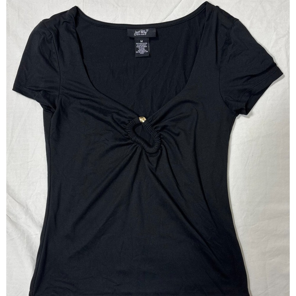 Just Polly New York Womens Top Black Short Sleeve Ring Front Scoop Neck M